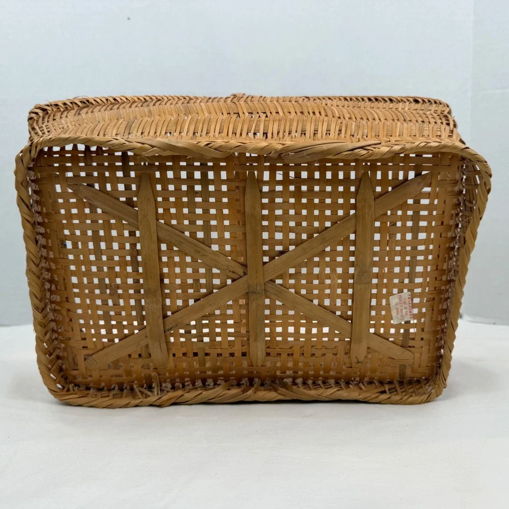 Vintage Handwoven Wicker Basket Rectangular Bamboo Reed with Handle Brown